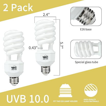 LUCKY HERP 2 Pack UVA UVB Reptile Light, 23W 10.0 UVB Bulb for Desert Reptiles, Compact Fluorescent Terrarium Lamp, Reptile UVB Bulb for Bearded Dragon, Lizard, Tortoise