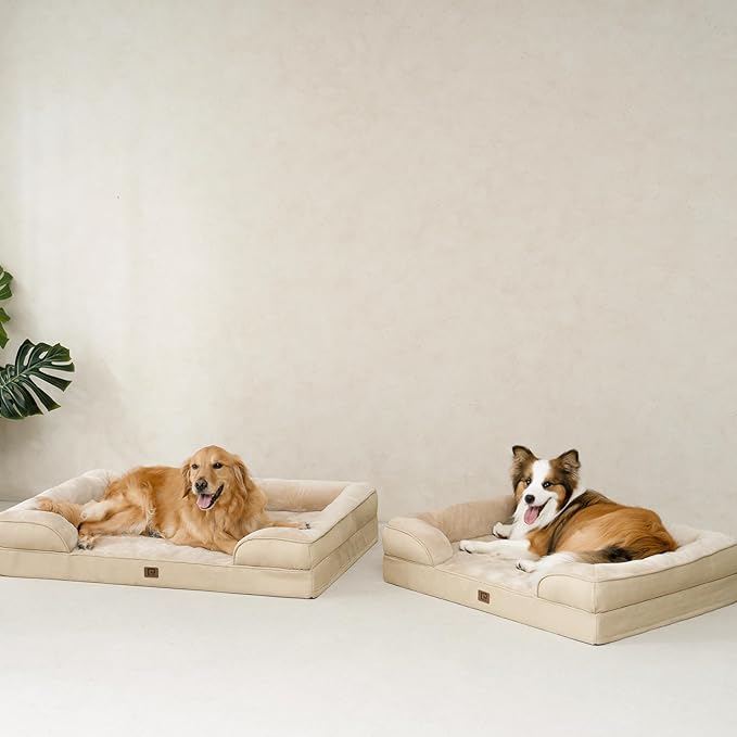 EHEYCIGA Orthopedic Dog Beds for Extra Large Dogs, Waterproof Memory Foam XL Dog Bed with Sides, Non-Slip Bottom and Egg-Crate Foam Big Dog Couch Bed with Washable Removable Cover, Greige