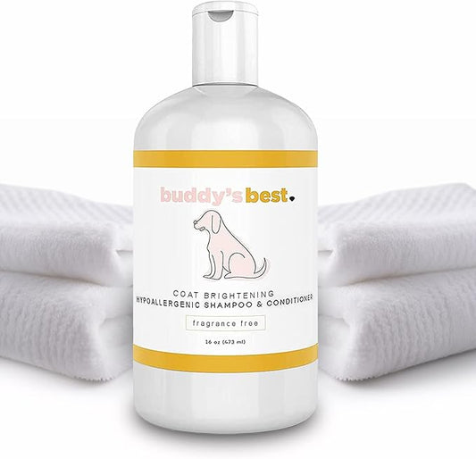 Buddy's Best Dog Shampoo and Conditioner - Gentle Dog Shampoo & Conditioner with Oatmeal Ingredient for Dry and Sensitive Skin - Moisturizing Puppy Wash Shampoo, Fragrance-Free, 16oz