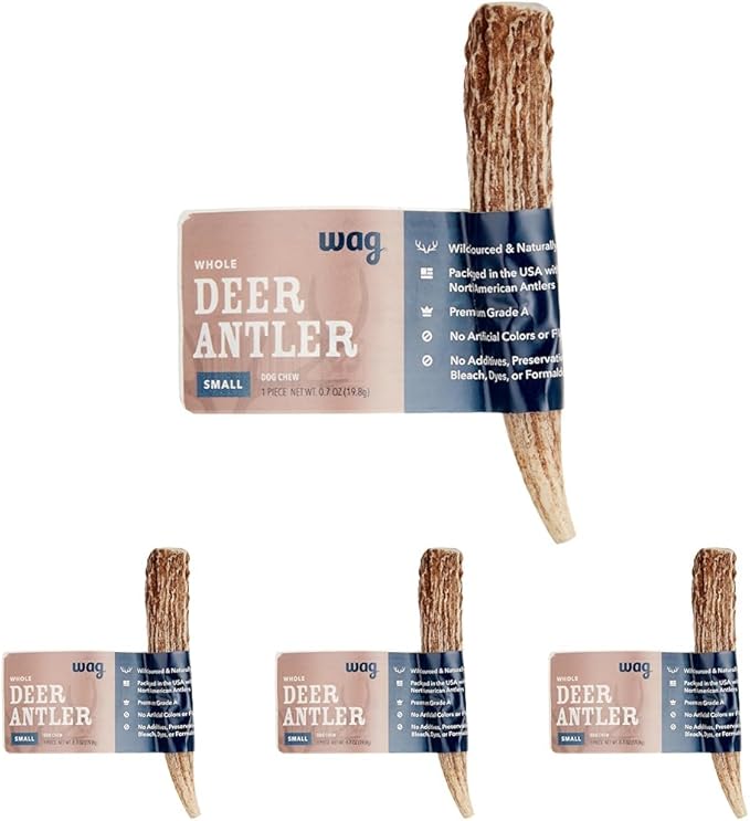 Amazon Brand  Wag Dog Deer Antler Chew, Naturally Shed. Whole, Small (Best for Dogs Under 15 lbs) 45.5 inches (Pack of 4)