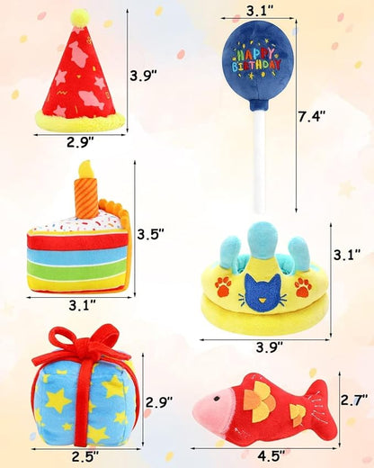 CiyvoLyeen 6Pcs Birthday Themed Catnip Toys Cat Birthday Gift Kitten Interactive Toys for Cat Lover Cake Crown Fish Soft Plush Catmint Pet Supplies Kitty Chew Kick Toys