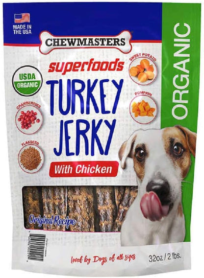 Organic Superfoods Turkey Jerky Dog Treats with Chicken, 2 Pound Bag, USDA Premium Organic Turkey, Made in The USA, by-Product Free, Real Meat Dog Treat, All Life Stages