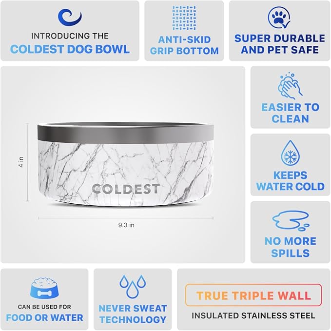 Coldest Dog Bowl - Anti Rust Metal, Non Slip, 3 Layers Insulated Stainless Steel Dog Bowls - Spill Proof & Heavy Duty - Water Bowl for Dogs, Cats & Pets, Dish Washer Safe (100 oz, Carrara Marble)