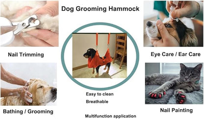 Dog Grooming Hammock with Flea Comb and Dog Nail Clipper, Pet Dog Grooming Hammock Harness with Cat Nail Clipper, Nail File and Dog Brush, Dog Sling for Nail Clipping/Nail Trimming (L, Orange)