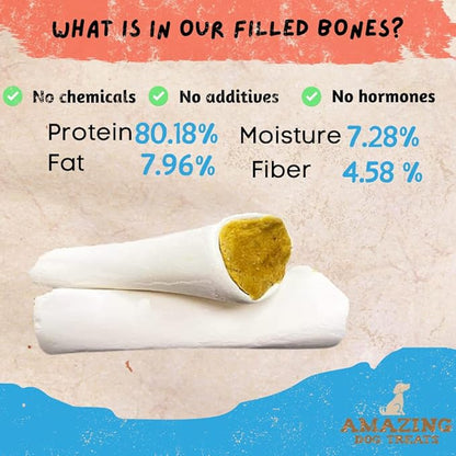 Amazing Dog Treats - Stuffed Shin Bone for Dogs (Bacon and Cheese, 5-6 Inch - 3 Count) - All Natural Dog Bones
