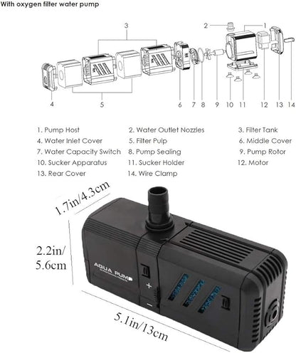 MQ 130GPH Submersible Water Pump (500L/H, 6W) with Filters and Water Nozzles, Ultra Quiet for Aquarium, Fish Tank, Pond, Fountain, Hydroponics