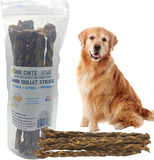 Dog Chits Lamb Esophagus for Dogs - Dog and Puppy Chews | Amazing for Joints | 12 in, 8 Pack | Made in USA | Large and Small Dogs | Nothing Added | Lots of Natural Glucosamine