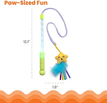Catstages Twinkle Star Light Up Cat Wand Toy with LED Color-Changing Lights, Feathers & Ribbon Plush Star Attachment, Interactive Flirt Pole for Indoor Cats & Kittens