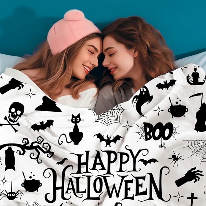 Halloween Blanket Cat Bedding Soft Warmth Flannel Throw Blankets Ghost Bat Pumpkin Blanket Gifts for Sofa Bed Couch Chair All Seasons 50"x40"