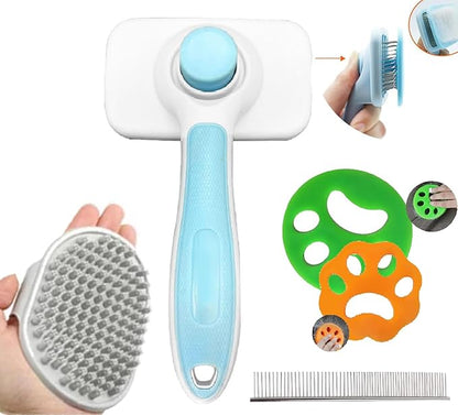 Self-Cleaning Slicker Brush for Dogs, Cats, Lightweight Dog Brush for Shedding Massaging GroomingComes with a pet steel comb and Dog Grooming Brush, As Well As 2 Silicone Pet Hair Suction Prop.
