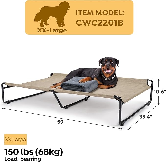 Veehoo Large Elevated Dog Bed with Flannel Dog Blanket, Outdoor Guardrail Raised Pet Cot for Extra Large Dogs, Anti-Slip Camping Dog Hammock Bed, Breathable Teslin Mesh Fabric, XXL, CWC2201B