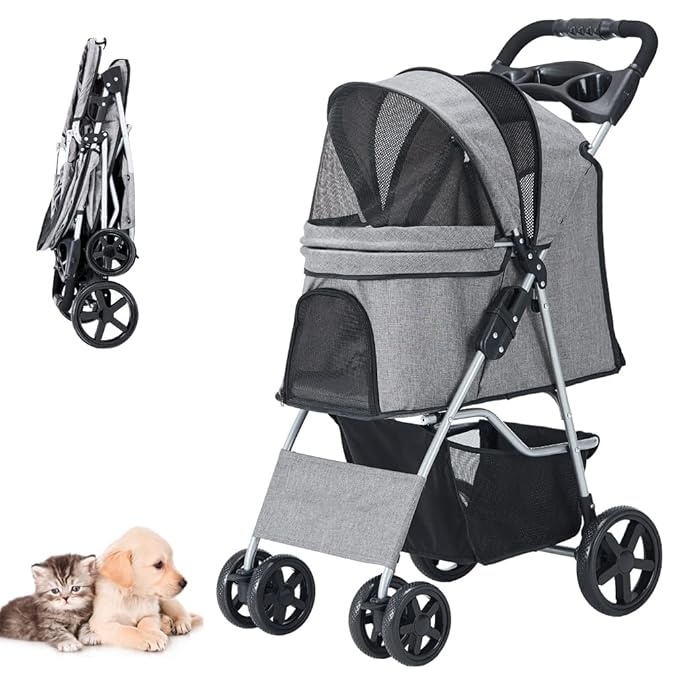 Pet Stroller, Cat Dog Stroller for Medium Small Dog with Storage Basket Foldable Lightweight Dog Carrier Trolley, 4 Wheel, Gray