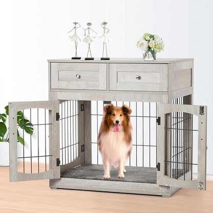 Dog Crate Furniture with Double Drawers, Wooden End Table Dog Kennel, Furniture Style Wood House Crate for Small/Medium/Large Dogs, Decorative Dog Crate with Storage for Large Breed, 40 Inch, Gray