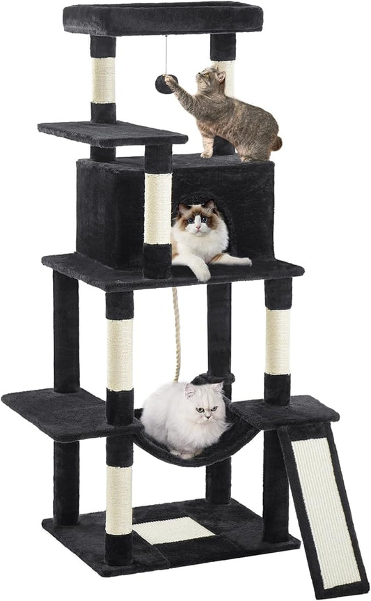 Cat Tree Tower 63in Multi-Level Cat Tower for Indoor Cats with Sisal Scratching Posts, Condo, Hammock, Dangling Ball and Extended Platform for Cats to Play, Black