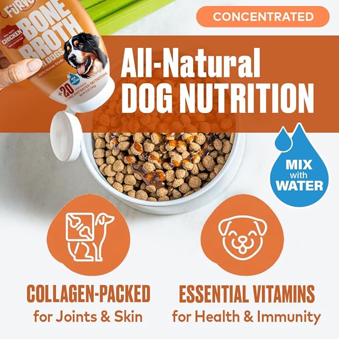 Chicken Bone Broth for Dogs - Collagen Protein Supplement for Digestion, Mobility, Coat, Immunity, Healthy Dog Food Topper, Human Grade Meal Boost Gravy, Just Add Water, Made in USA, 12 oz