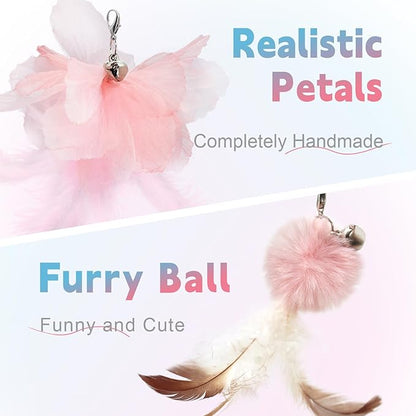 SONGWAY Cat Wand Toys for Indoor Cats - Cat Toy Set with Retractable Teaser Wand and 6 PCS Fairy Feather Toy Refills, Butterfly Tassel Plush Cat Toys Interactive, Pink