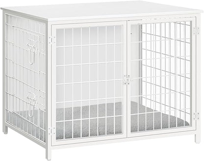 Dog Crate Furniture with Cushion, Wooden Dog Kennel with Double Doors, Heavy Duty Dog Cage for Small/Medium/Large Dogs, Indoor Dog House End Table, 31.5" L, White DCBW0701