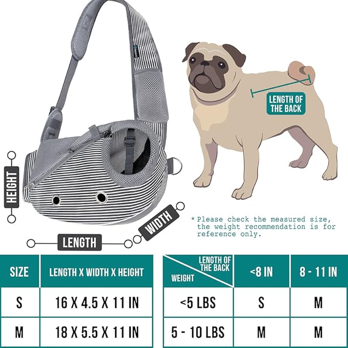 PetAmi Dog Sling Carrier for Small Dogs, Puppy Carrier Sling Purse, Dog Bags For Traveling, Carrying Bag to Wear Medium Cat, Adjustable Crossbody Pet Travel Poop Bag Dispenser, Max 10lbs, Stripe Black