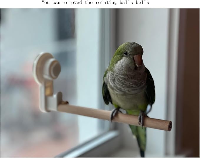 Window Suction Cup Bird Perch Toy for Parakeet, Movable Parrot Stand with Rotating Balls Bells for Window Mirror Glass Mount, Spinning Perch Toy (White, Suction Cup)