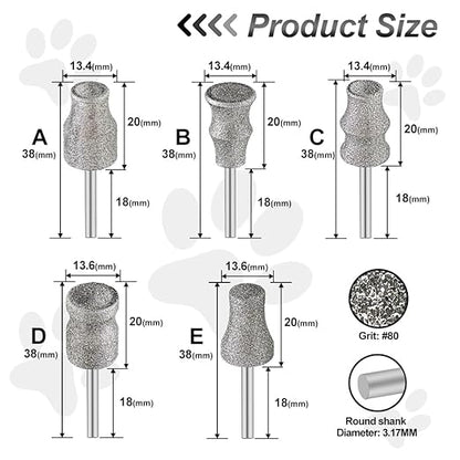 Diamond Dog Nail Grinder Bits - FOCSTOL Diamond Rotory Bit for Dogs&Pets, 5pcs 1/8'' Rotary Nail Grinder Bits for Animals Nail Care (Type A+B+C+D+E)