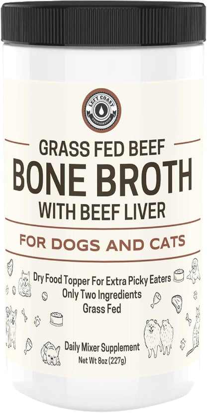 Bone Broth for Dogs and Cats with Beef Liver – Human Grade Grass Fed Beef Bone Broth Powder for Dogs – Dog Food Toppers for Picky Eaters - Supports Joints & Gut Health – Freeze Dried Liver - 8oz