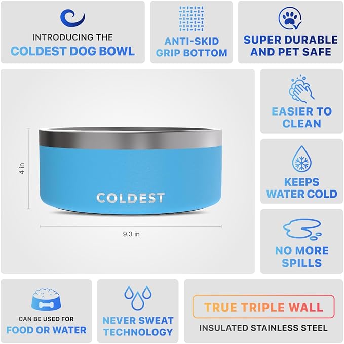 Coldest Dog Bowl - Anti Rust Metal, Non Slip, 3 Layers Insulated Stainless Steel Dog Bowls - Spill Proof & Heavy Duty - Water Bowl for Dogs, Cats & Pets, Dish Washer Safe (100 oz, Celestial Blue)