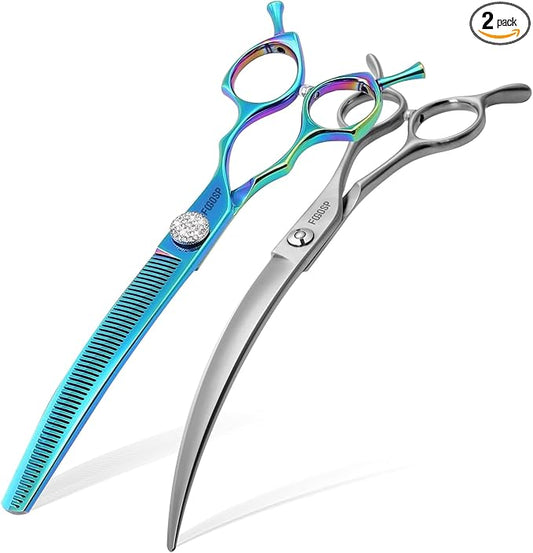 45°Curved Dog Grooming Scissors Curved Thinning Shears 2PCS Combo(Turquoise)