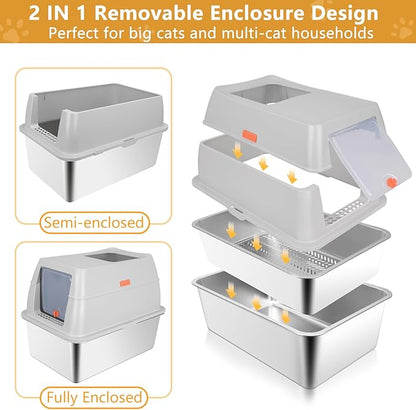 ELEGX Pine Litter Sifting Cat Litter Box, 4-in-1 Cat Metal Litter Box Set,Enclosed Removable Metal Litter Box with Screen Mesh,High Sided Enclosure,Mat & Scoop (Grey)