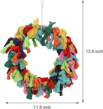 Bird Colorful Cotton Rope Hanging Ring Parrot Preening Grooming Chew Climb Biting Toy for African Grey Cockatoo Conure Parakeet