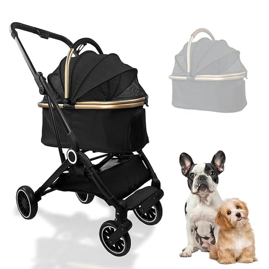 3 in 1 Folding Pet Stroller, Detachable Folding Medium and Small Pet Dog Cat Strollers with Storage Bins and Cup Holders Carbon Steel Frame 4-Wheel Pet Travel Stroller (Black)