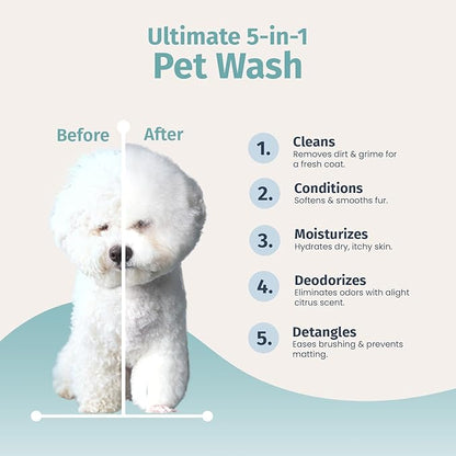 Pet Wash - 5 in 1 (Cleans, Conditions, Moisturizes, Deodorizes & Detangles) - Natural Ingredients - Gentle for Sensitive Skin - Softens Coat & Quick Rinse | Light Citrus Scent, 16 fl oz