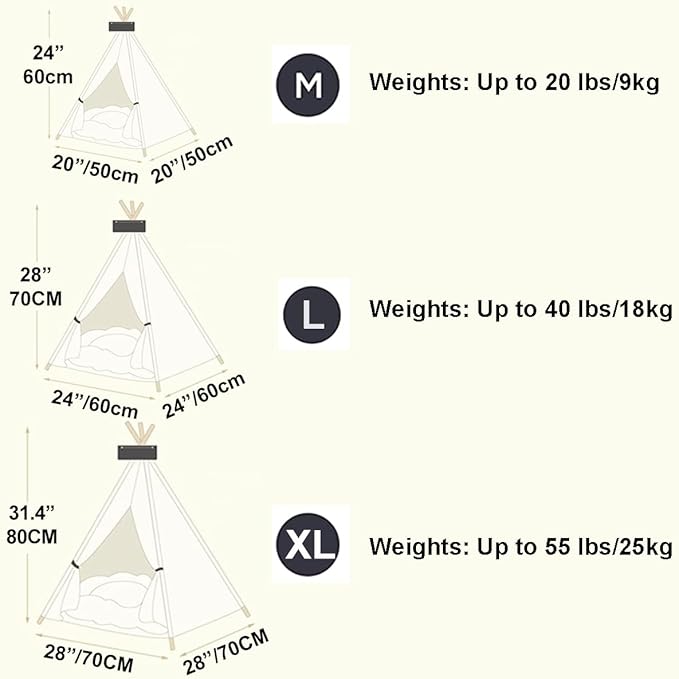 ANPPEX 24-Inch Dog Teepee Tent Indoor,M Size Pet Tent Bed for Small Dogs and Cats,Indoor Dog House with Thick Cushion,White