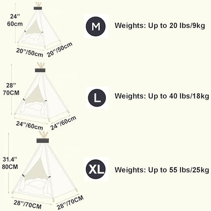 ANPPEX 24-Inch Dog Teepee Tent Indoor,M Size Pet Tent Bed for Small Dogs and Cats,Indoor Dog House with Thick Cushion,White