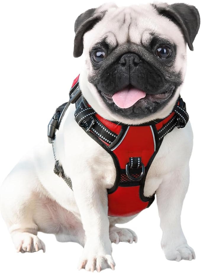 PHOEPET No Pull Dog Harnesses for Small Dogs Reflective Adjustable Front Clip Vest with Handle 2 Metal Rings 3 Buckles [Easy to Put on & Take Off](S, Red)