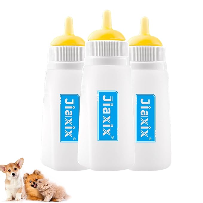 3 Pack Kitten Silicone Bottle Feeding Kit,Nipple & Feeding Kit for Kittens, Reusable Newborn Kitten Supplies, Suitable for Feeding Kitten, Puppy, Rabbit,Hamster (Yellow, Large)