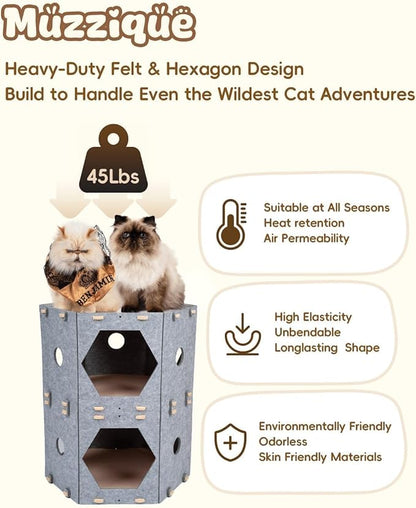Cat Play House for Indoor Cats & Small Dogs, Muzzique Expandable Modular Felt Pet Tunnel Castle, Large Scratch Kitten Condo, Stackable Kitty Cave Platform, Sleeping Puppy Bed, XL Nest with Hair Brush