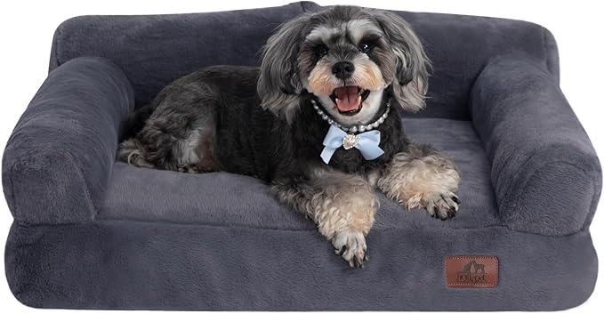Hollypet Fluffy Plush Dog Cat Pet Couch Soft Calming Sofa Bed for Medium Small Cats and Dogs, Gray, M