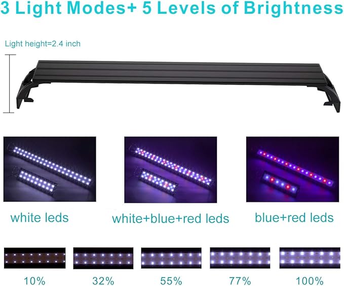 hygger 25W Full Spectrum Aquarium Light with Aluminum Alloy Shell Extendable Brackets, White Blue Red LEDs, External Controller, for Freshwater Fish Tank (36-46 inch)