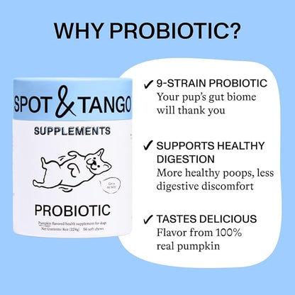 Spot & Tango Probiotics Supplements for Dogs - Vet-Approved for Healthy Digestion and Balanced Gut - Pumpkin, Turmeric, Chicory Root, Black Pepper, Nine-Strain Probiotic Blend, 56 Count