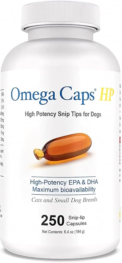 Omega Caps HP Snip Tips for Cats and Small Dogs High Potency EPA and DHA Maximum Bioavailability Fish Oil Supplement Vet Formulated Made in USA Skin Coat Joint and Heart Health 250 Capsules