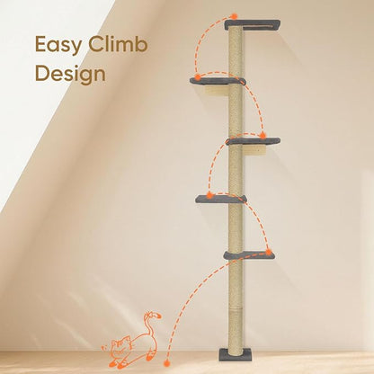 PAWSCRAT Wall-Mounted Cat Tree, 5 Tier Floor to Ceiling Cats Tower, 80 Inch Wall-Mounted Cat Scratching Post, Space Saving Cat Furniture and Easliy Climb for All Cats, Darkgery