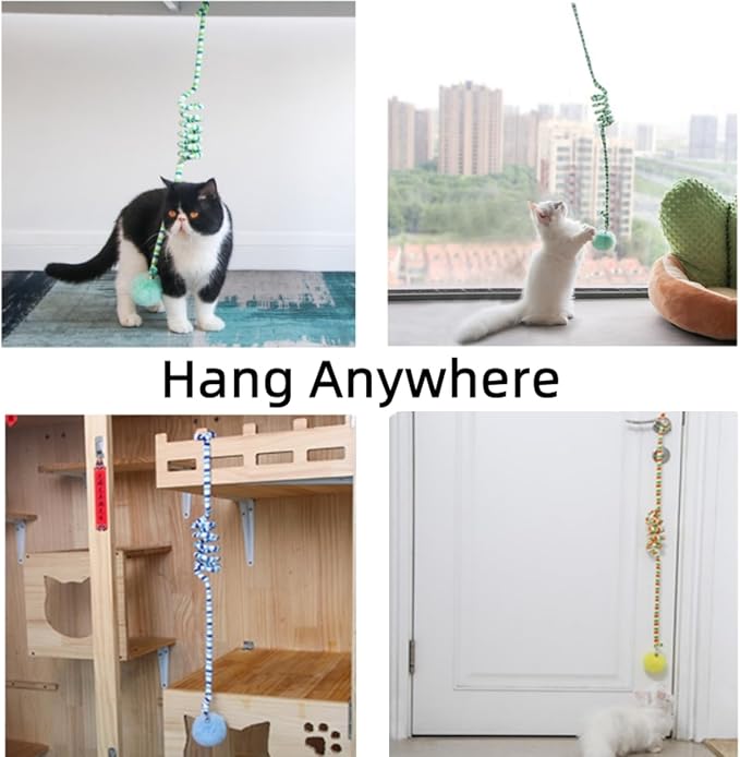 3Pcs Cat Spring Toys with Ball Hanging Kitten Toys Pets Interactive Toy Cat Ball Toys with Bell Long Tail Elastic Soft Plush Cat Toys for Indoor Kitten and Cats (yellowbluegreen, 3pcs)