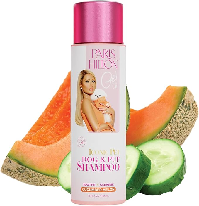 Paris Hilton Dog Shampoo - Crisp Refreshing Cucumber Melon Scent, Sulfate-Free Vegan & Hypoallergenic for All Dog Breeds, with Oatmeal & Aloe for Healthy Coats & Salon-Quality Grooming, 16oz (480ml)