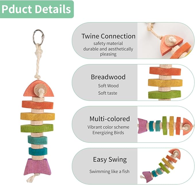 Bird Toys & Bird Perch, Bird Wooden Block Chewing Toy Parrot Foraging & Puzzle Toys Bird Cage Accessories for Conures Parakeets Cockatiels Lovebirds African Grey Macaws (Colorful Fish)