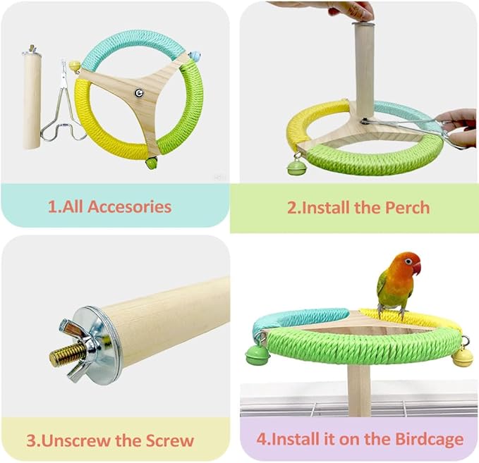 Bird Perch Toy with Bells, Parrot 360°Interactive Rotating Toy,Bird Cage Accessories for Small and Medium Parrots,Parrot Wooden Stand for Conures Parakeets Cockatiels Lovebirds