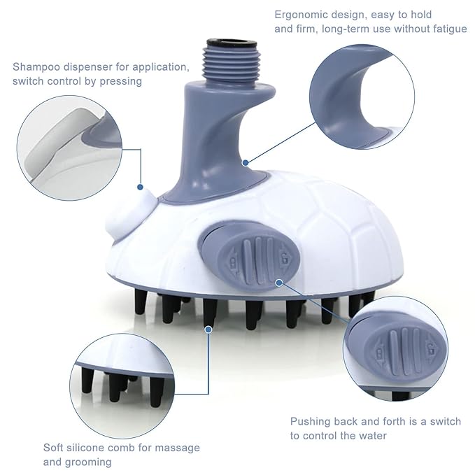 Dog Shower Scrubber Head with Dispenser, 3 in 1 Bath Grooming Brush for Washing Hose Attachment, Soft Silicone Bristle for Long Short Haired Pets