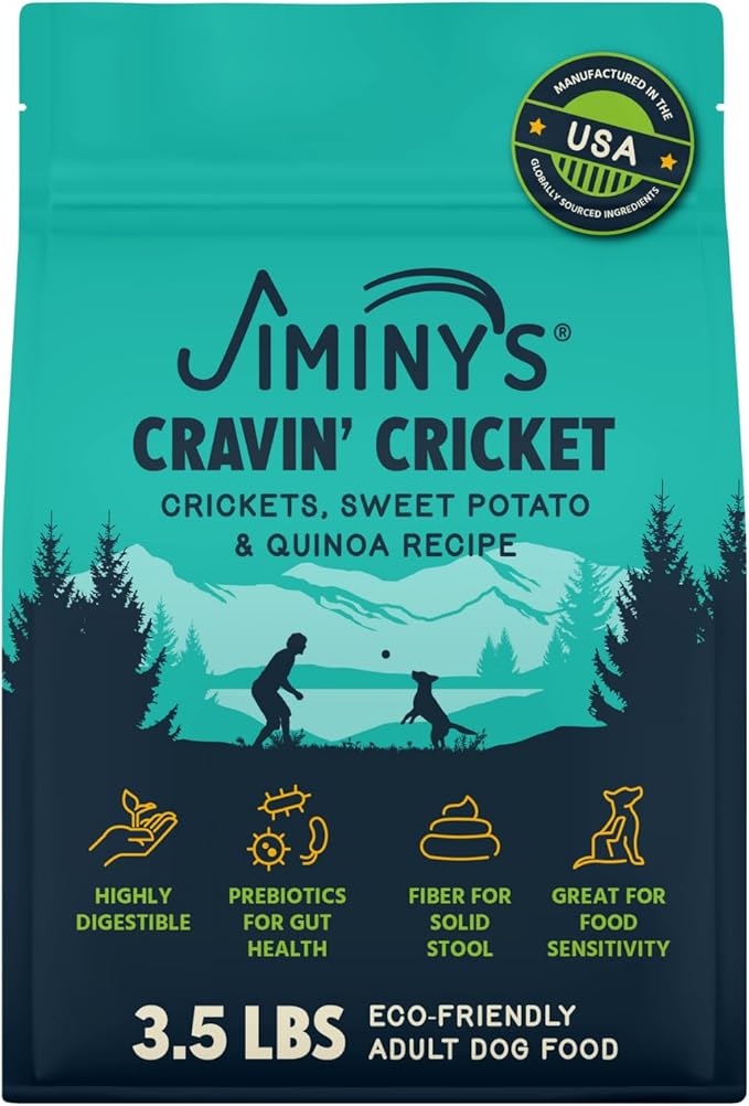 Jiminy's Cravin’ Cricket Dry Dog Food, Sensitive Stomach, Improved Gut Health, Probiotic & Prebiotic, Hypoallergenic, Lower Carbon Footprint, Made in USA, 3.5lb Bag (Pack of 1)