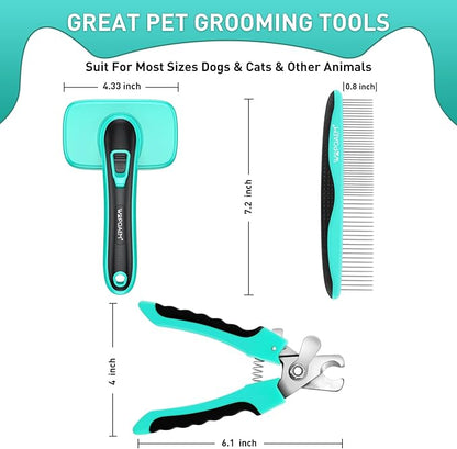 Dog Brush Kit for Grooming Short Long Haired Cats, 3 in 1 Dog Grooming Set for Small Animals, Puppy Self-Cleaning Slicker Brush for Shedding Medium & Large Dogs. Free Pet Comb + Nail Clippers