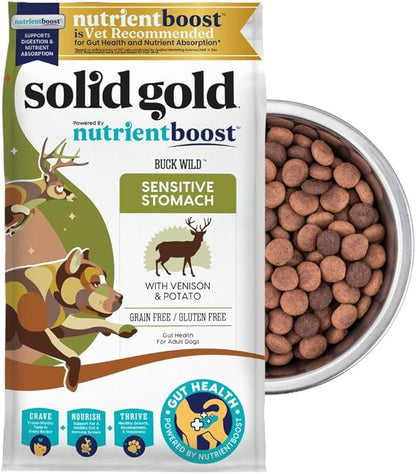 Solid Gold Dry Dog Food for Sensitive Stomachs - Grain Free & Gluten Free w/Venison, Pumpkin & Probiotics for Gut Health & Digestion - Sensitive Stomach Dog Food for All Ages - Nutrientboost  22LB
