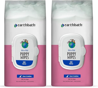 earthbath, Ultra-Mild Wild Cherry Puppy Wipes - Dog Wipes for Paws and Butt, Best Pet Wipes for Dogs & Puppies, Made in USA, Cruelty-Free Dog Cleaning Wipes - 100 Count (2 Pack)